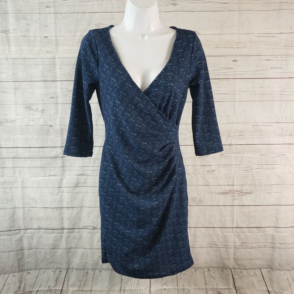 Fervour Womens Faux Wrap Dress Sz Small Blue 3/4 Sleeve V-Neck